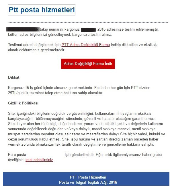 PTT Adres Deiiklik Formu Virüslü Mail Uyars