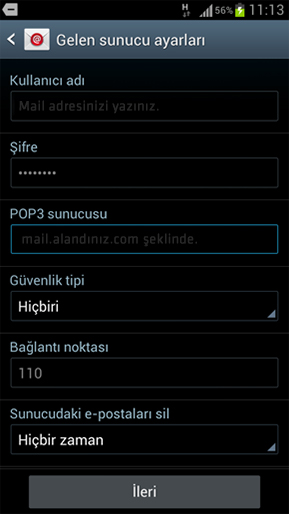 Android Cihazlar Mail Kurulum Admlar